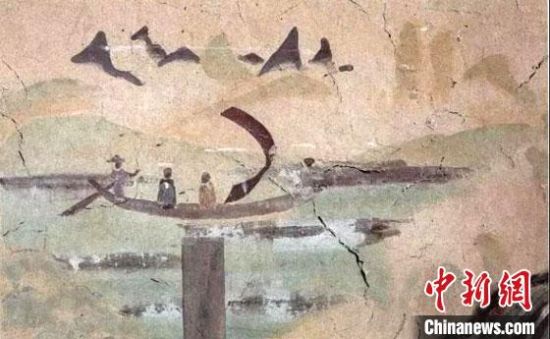 “一人搖櫓晃扁舟，兩人撐篙水上漂?！眻D為莫高窟第323窟《搖櫓帆船》（初唐）?！《鼗脱芯吭汗﹫D