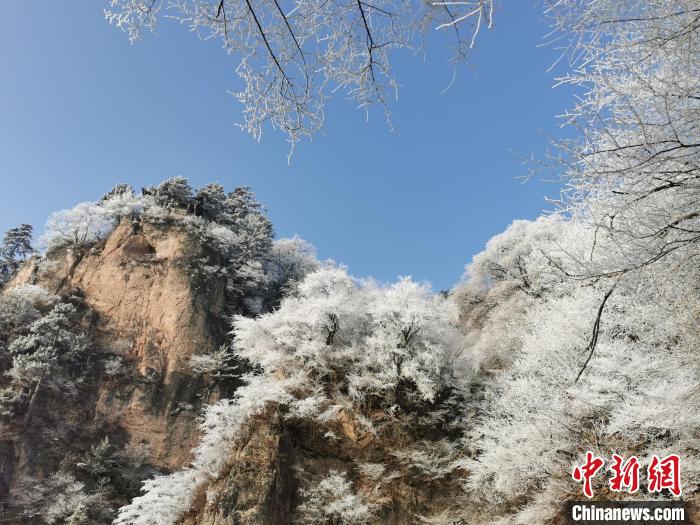 圖為藍(lán)天下霧凇籠罩山脈?！⌒煺袢A 攝