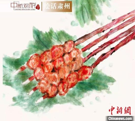 圖為酒泉美食“紅柳烤肉”繪畫作品?！《排d彥 攝