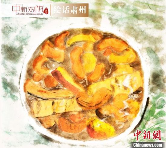 圖為酒泉美食“糊鍋”繪畫作品?！《排d彥 攝