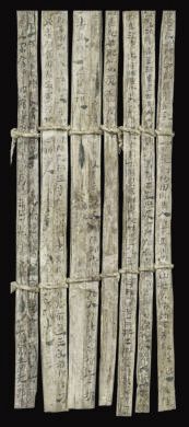 漢簡(jiǎn)《康居王使者冊(cè)》。此簡(jiǎn)記載了西域康居國(guó)使者前來(lái)“進(jìn)貢”駱駝，抵達(dá)敦煌遇到不公后反映問(wèn)題，朝廷受理解決的經(jīng)過(guò)。新華社發(fā)（甘肅簡(jiǎn)牘博物館供圖）